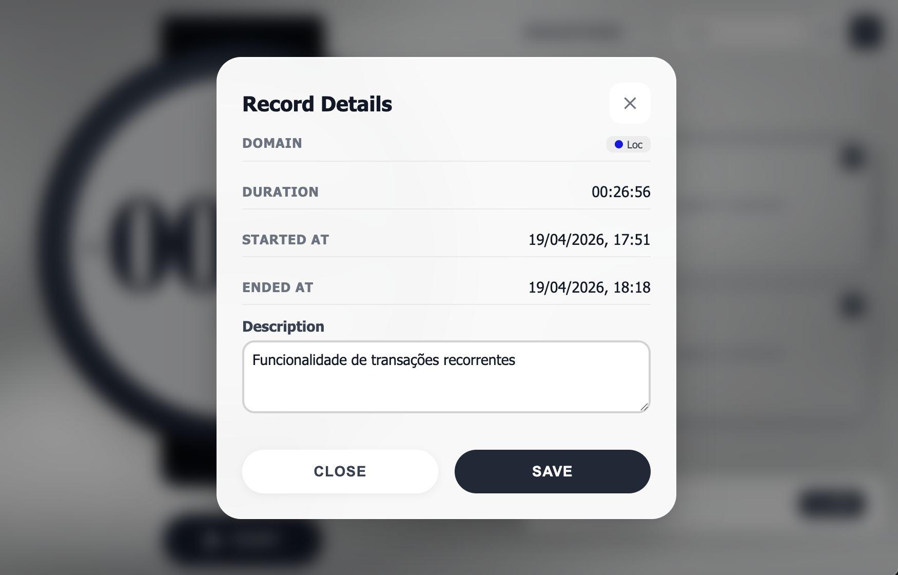 Detalhes do registro no Stopwatch